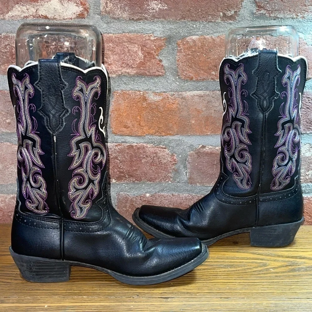 Justin stampede boot 2554JR Black and purple Deercow leather Size 2D